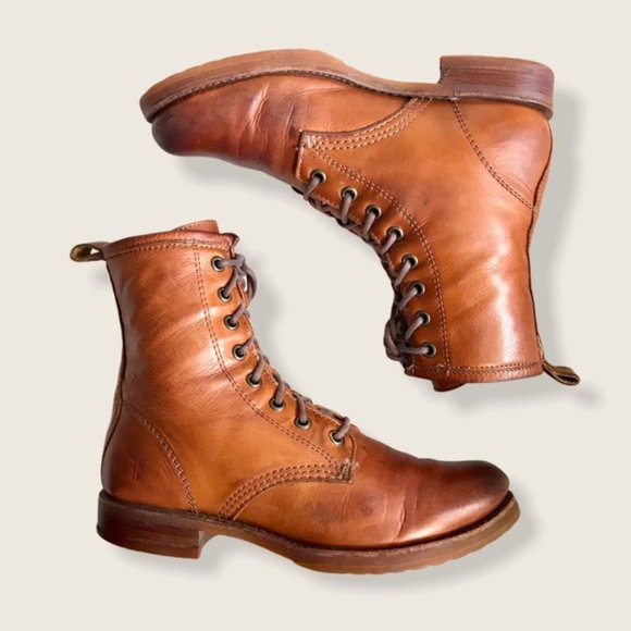 Frye Veronica Combat Cognac Leather Lace Up Boots - Picture 15 of 15